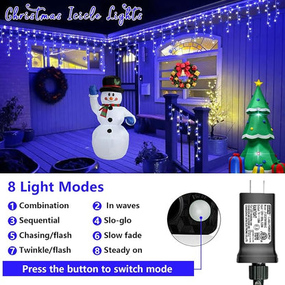 QITONG Blue and White Icicle Lights for Outside, 66ft 800 LED String Light Indoor Plug in, 8 Modes Connectable Icicle Christmas Light Clear Wire