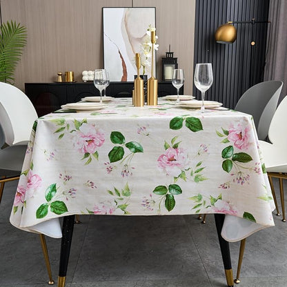 LIBERECOO Reinforced Vinyl Tablecloth with Flannel Backing Waterproof Oil-Proof Floral Plastic Table Cloth Stain-Resistant Wipeable Table Cover Not Stiff