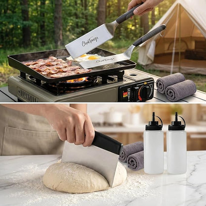 7-Piece Blackstone Griddle Set, 3mm Stainless Steel Grill Tools with Spatulas, Scraper, Oil Bottles & 2 Towels, Heavy Duty Flat Top Grill Accessories Compatible with Camp Chef Hibachi