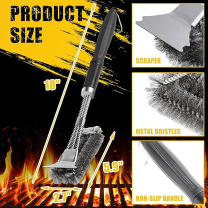 Grill Brush with Detachable Handle, Non-Slip BBQ Grill Brush for Outdoor Grill, 18 Inch Stainless Steel Grill Cleaning Brush with Scraper, Space Saving Grill Cleaner for Gas/Charcoal Grates