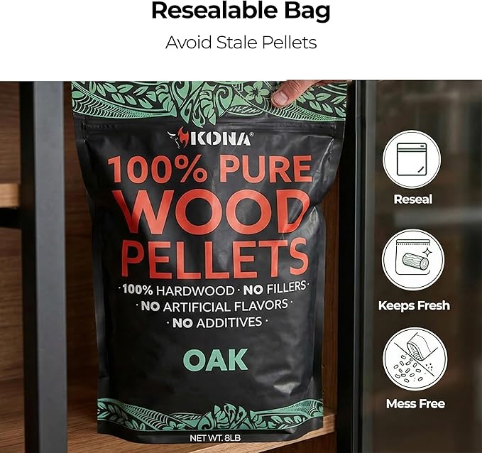 Kona 100% Oak Smoker Pellets, Intended for Ninja Woodfire Outdoor Grill, 8 lb Resealable Bags