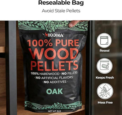 Kona 100% Oak Smoker Pellets, Intended for Ninja Woodfire Outdoor Grill, 8 lb Resealable Bags