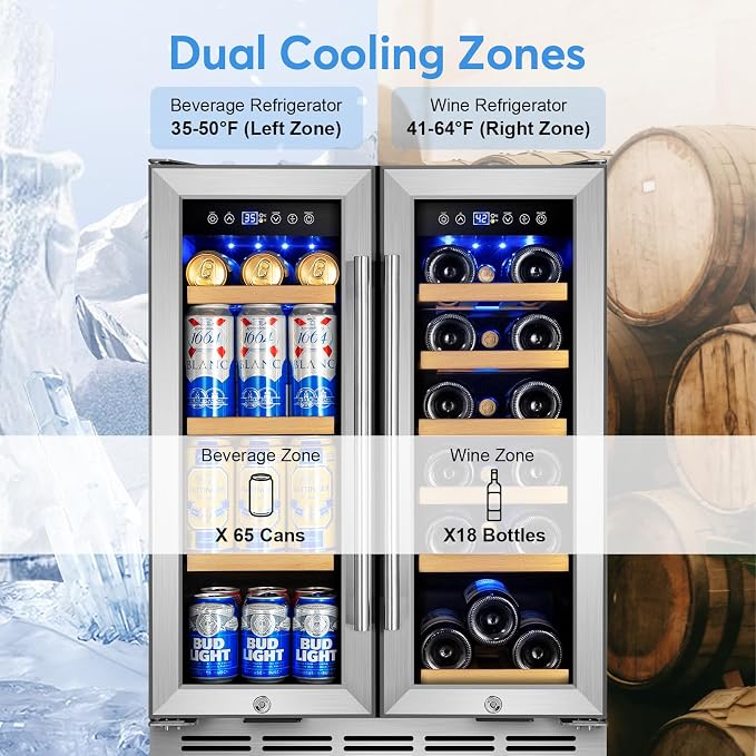 24" Dual Zone Wine and Beverage Refrigerator, Under Counter with Glass Door | 18-Bottle 88-Can capacity, Fast cooling, LED blue light, Temp control, Energy efficient compressor, Freestanding or built-in