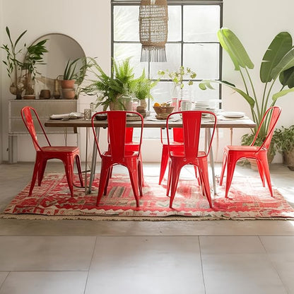 AC Pacific 18 Inch Seat Height Industrial Metal Dining Chairs, Stackable Kitchen or Bar Seat, Durable Modern Design, Versatile Accent Furniture, Set of 4, Red