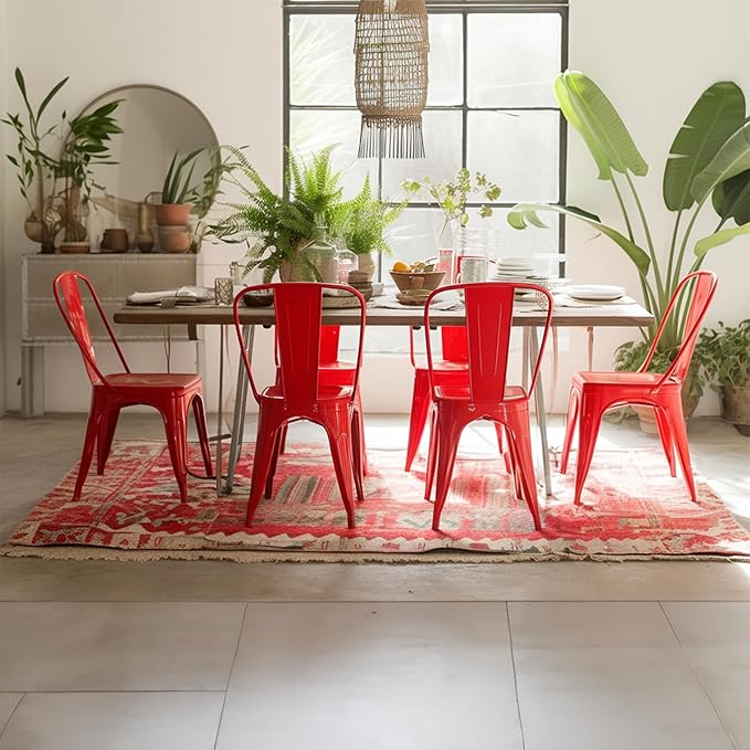 AC Pacific 18 Inch Seat Height Industrial Metal Dining Chairs, Stackable Kitchen or Bar Seat, Durable Modern Design, Versatile Accent Furniture, Set of 2, Red