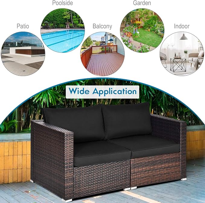 Tangkula 2 Seat Outdoor Wicker Loveseat Sofa Set, Modular PE Rattan 2 Pieces Outdoor Wicker Corner Sofa, Outside Furniture Set for Deck, Backyard, Porch, Garden & Poolside, Black