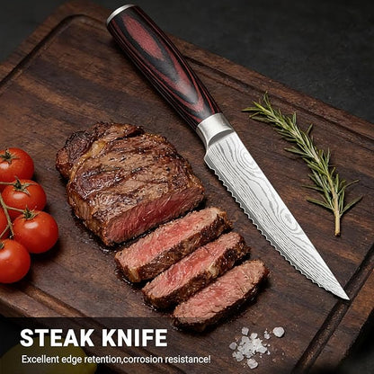 4.5 Inch Serrated Steak Knife - Ultra Sharp Serrated Knife Japanese High Carbon Steel Blade, Ergonomic Handle, Premium Kitchen Cutlery for Steak, BBQ & Outdoor Meals