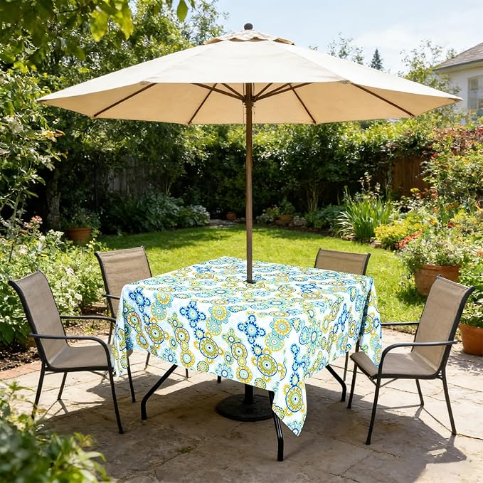 Poise3EHome Square Outdoor Tablecloth with Umbrella Hole and Zipper,Floral 60x60 Inch,Polyester SpillProof Washable Table Cloth for Spring Summer Patio Garden Poolside Picnic Camping BBQS