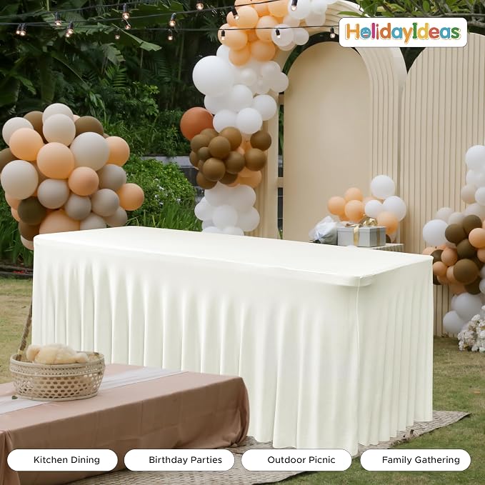 4 Pack Beige Spandex Table Covers 8ft Rectangle Ruffle Skirts for Party | Elastic Table Covers 8 Foot, Pleated Fitted Table Cloths, Wrinkle Resistant Elegant Table Skirts Wedding, Banquets