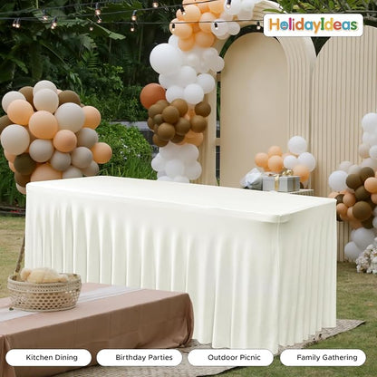 2 Pack Beige Spandex Table Covers 8ft Rectangle Ruffle Skirts for Party | Elastic Table Covers 8 Foot, Pleated Fitted Table Cloths, Wrinkle Resistant Elegant Table Skirts Wedding, Banquets