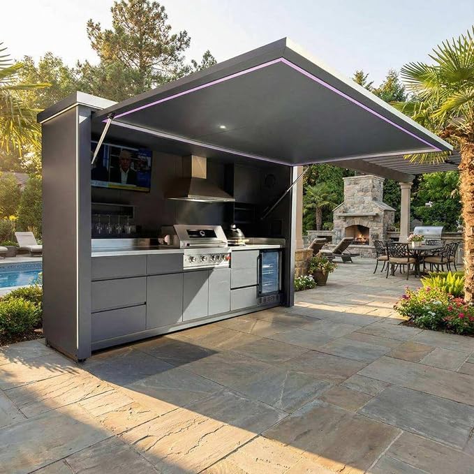 Stainless Steel Modular Outdoor Kitchen Units | Weatherproof Kitchen Island with 4-Burner, BBQ Grill, Fridge, Sink, Cooktop, Bar Counter & Canopy, Ideal for Outdoor Living