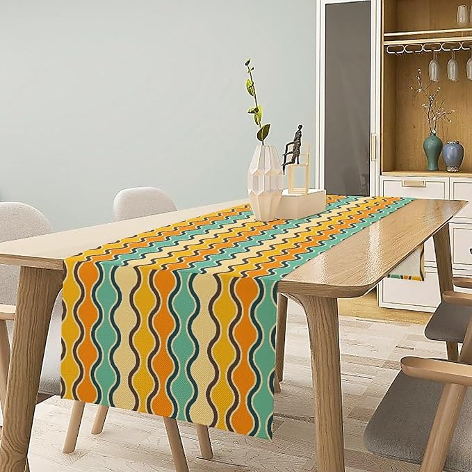 Orange Yellow Turquoise Coffee Table Runner for Kitchen Dining Table Mid Century Geometric Stripes for Kitchen Dining Modern Tables Decor 13x108in