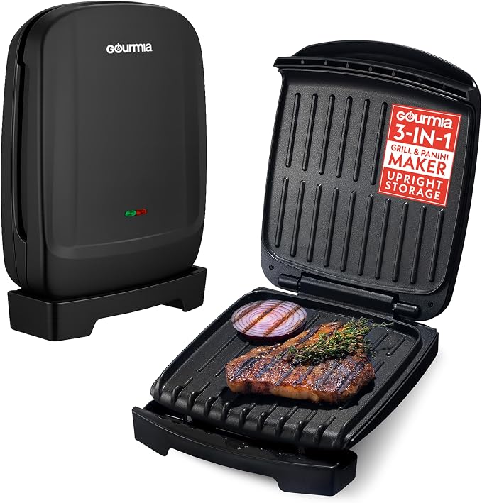 Gourmia Indoor Grill & Panini Maker – 4 Serving Contact or Open Grill, Nonstick Ceramic, Preheat Indicator Light, Slope Design with Removable Dishwasher Safe Drip Tray
