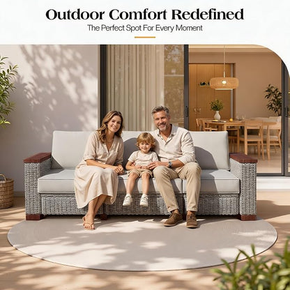 PaPaJet Outdoor Patio Sofa, 3 Seat Wicker Couch with Solid Armrests & Legs, 4.7" Thickened Removable Cushions, UV-Resistant Modular Sofa for Porch, Backyard, Garden