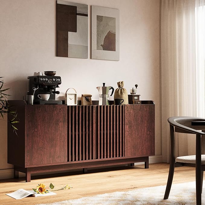 IRONCK Storage Cabinet with Grille Doors, Natural Red Walnut | 2 Adjustable Shelves