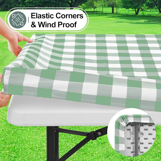 Buffalo Rectangle Picnic Tablecloth, 4 Foot Elastic Fitted Vinyl Table Cloth with Flannel Backing, Waterproof Plaid Table Covers for Dining, Camping, Outdoor (Sage Green and White, 24" x 48")
