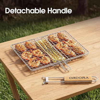 ORDORA Shallow Grill Basket, Fish Grill Basket, Rustproof Stainless Steel BBQ Folding Portable Grilling Rack for Meat, Steak,Vegetables, Grill Accessories