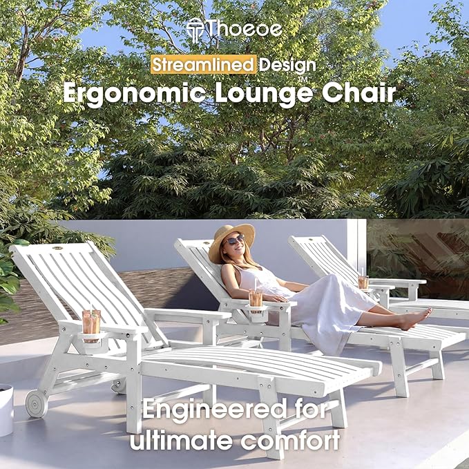 THOEOE Patio Chaise Lounge Chair Set of 2, Oversized Lounge Chair Outdoor with 5 Positions, 78″ Long, HDPE, Patio Lounge Chair with Wheels & Cup Holder for Pool, Deck, Poolside,White