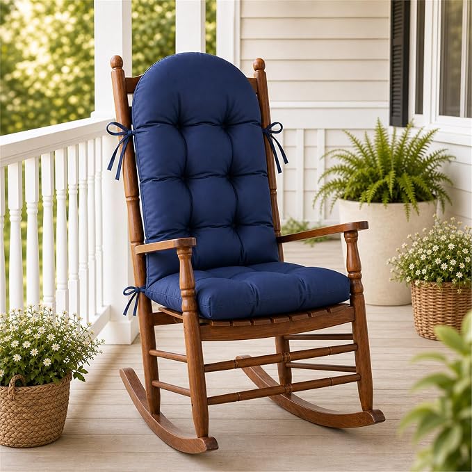 Rocking Chair Cushions, Indoor/Outdoor Adirondack Chair Cushion, Waterproof and Fade-Resistant Rocking Chairs Pads, Non-Slip Tufted High Back Patio Chairs Cushion with Ties, 44x19x4 Inch, Navy Blue