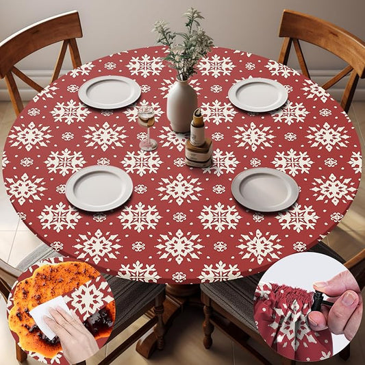 opstellen Fitted Christmas Round Tablecloth Waterproof Table Cloth Vinyl Indoor Outdoor Circle Cover for 36-44" Table Dining Living Room Kitchen Western Home Party Decor Gift Festival Family Essential