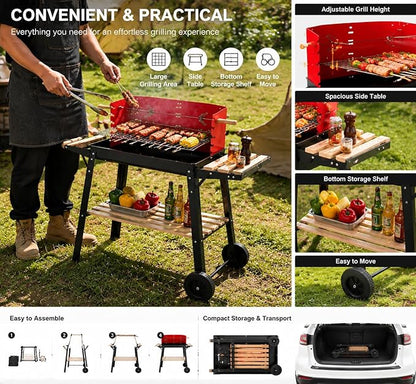 Portable Outdoor BBQ Grill, Red & Black Charcoal Barbecue with Adjustable Height, Side Table & Storage Shelf, Wheels for Backyard, Patio, Camping, Family Outdoor Cooking