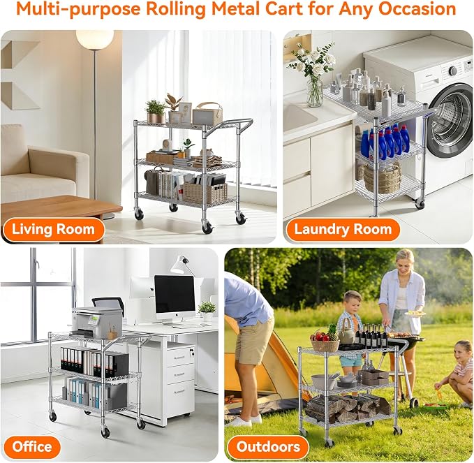 NTE 3 Tier Heavy Duty Rolling Utility Cart on Wheels, 990Lbs Capacity Rolling Wire Cart, Kitchen Carts on Wheels, NSF Commercial Metal Serving Cart with Handle and Shelf Liners for Kitchen, Restaurant