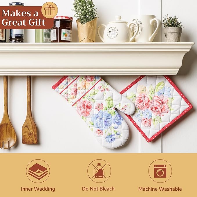 Maison d' Hermine 100% Cotton Oven Mitt & Pot Holder Set (7.5"x13" & 8"x8") Heat Resistant BBQ Cooking Gloves with Loop Baking Grilling Kitchen Hotel Home Farmhouse Spring Summer(Vintage Floral)