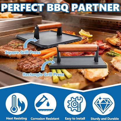 Cast Iron Square Burger Press&Rectangle Meat Press for Griddle Accessories | Bacon Press for Pitboss, Camp Chef Flat Top Grills Accessories, Smash Burger Press for Griddle Cooking Accessories, 2PCS