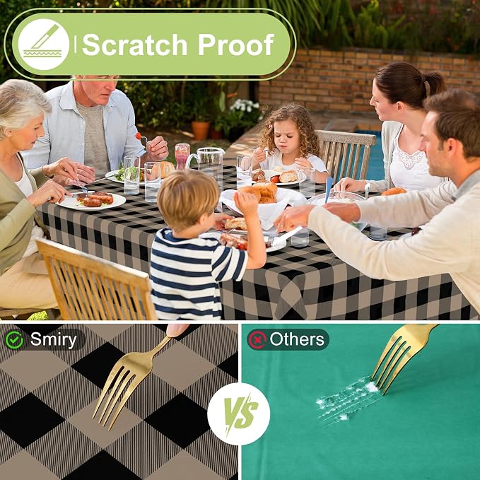 Smiry Picnic Table Cloth, Vinyl Tablecloths with Flannel Backing, 60"x84" | Waterproof Rectangle Table Cloth, Wipeable Buffalo Plaid Table Cover for Indoor and Outdoor (Black & Khaki)