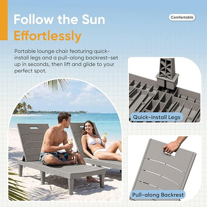 Greesum Outdoor Chaise Lounge Chairs Set of 2 with 5-Position Adjustable Backrest, Waterproof PP Sun Loungers for Garden Pool Beach Patio Deck Sunbathing, Light Coffee