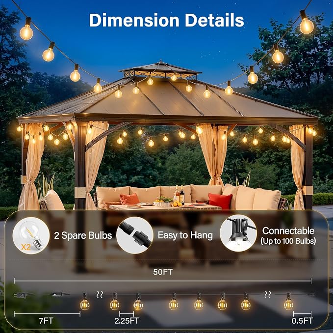 50FT Outdoor String Lights with Remote, Waterproof Connectable Dimmable G40 Patio Lights with 20+1 Shatterproof Edison LED Bulbs Plug in, Hanging Light for Outside Backyard Deck Garage Decor