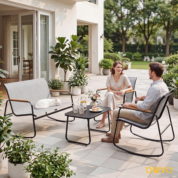 DWVO 4-Piece Rocking Patio Furniture Set, Textilene Conversation Set, Grey | Heavy-duty Patio Set w/Breathable Fabric, Smooth Rocking, Wooden Armrest, Tempered Glass Table, Easy Assembly and Cleaning