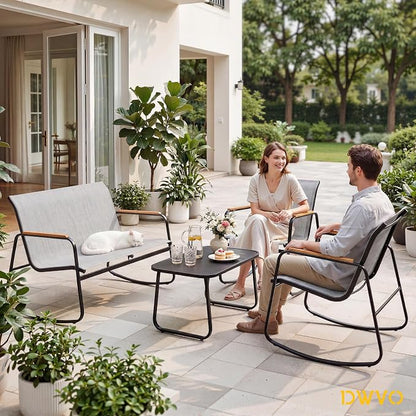 DWVO 4-Piece Rocking Patio Furniture Set, Textilene Conversation Set, Grey | Heavy-duty Patio Set w/Breathable Fabric, Smooth Rocking, Wooden Armrest, Tempered Glass Table, Easy Assembly and Cleaning