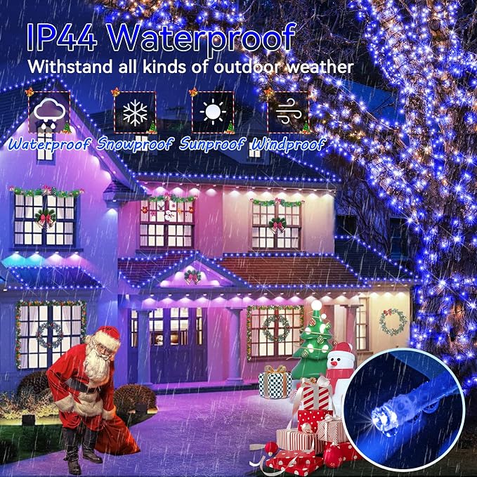 Hezbjiti 2 Pack 1000 LED 403 FT Christmas String Lights Outdoor, 8 Lighting Modes IP44 Waterproof Fairy Lights with Timer and Dimmable Function for Party Tree Decorations (Blue, Clear Wire)