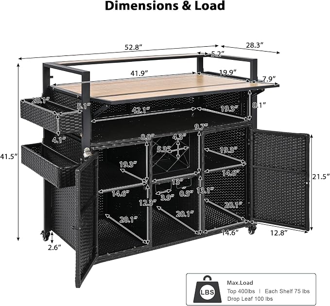 Outdoor Grill Cart BBQ Prep Station, Double Tabletop Rolling Wicker Kitchen Island with 7 Adjustable Shelves & Wine Rack, Weather-Resistant Storage Cabinet for Patio Backyard Garden, Black