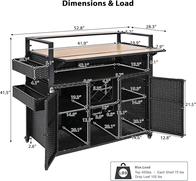 YOPTO Outdoor Grill Cart with Foldable Design,7-Tier Shelves,Lockable Wheels,Wine Rack & Weather-Resistant Wicker Rattan for Indoor/Outdoor Use,Black Brown