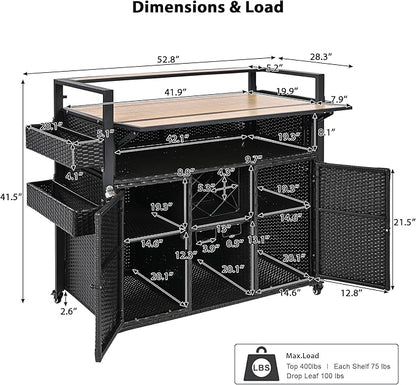 YOPTO Outdoor Grill Cart with Foldable Design,7-Tier Shelves,Lockable Wheels,Wine Rack & Weather-Resistant Wicker Rattan for Indoor/Outdoor Use,Black Brown