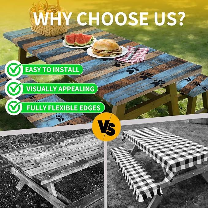 Picnic Table Cover with Bench Covers, 72 X 30 Inch Elastic Fitted Camping Tablecloth with Strap Design for 6FT Rectangle Tables, Windproof Outdoor Tablecloth Set with Storage Bag