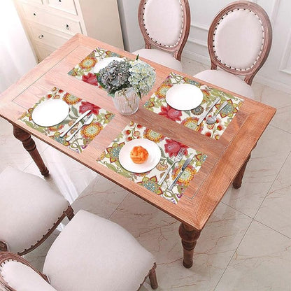 Boho Floral Placemats Set of 4, Colorful Decorative Place Mats | Flower Table Mats for Kitchen Dining Table, Washable Linen Placemat 12"x18", Housewarming Gifts for New Home