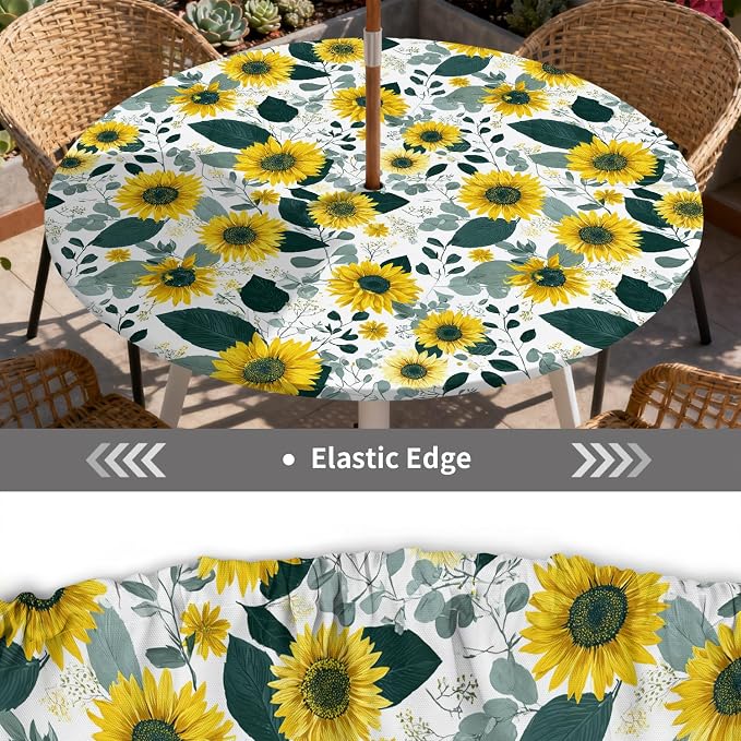 Outdoor Tablecloth with Umbrella Hole and Zipper Fits 49-52" Tables | Waterproof Round Fitted Tablecloth with Elastic Edge, Wipeable Outdoor Table Cover for Patio, Garden, Picnic