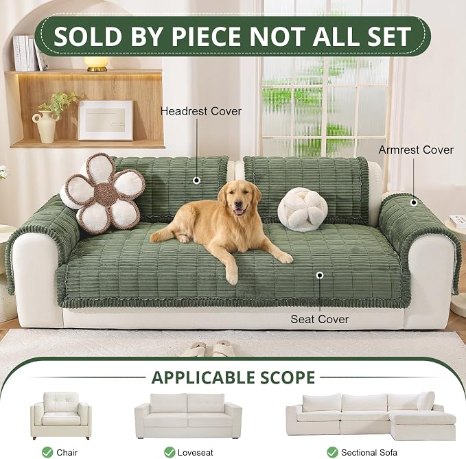 OstepDecor Couch Cover for Dogs, Washable Non Slip Sofa Cover for Pets | Soft Couch Covers for Sofa, Loveseat and Sectional, Furniture Protector Against Pet Hair & Dirt (35.4" x 63", Moss Green)