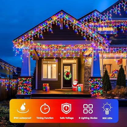 JMEXSUSS 800 LED Christmas Icicle Lights Outdoor Plug in | Multicolor Waterproof, 8 Modes with 160 Drops for House Holiday Party Eave Christmas Decorations