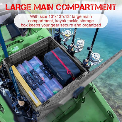 Kayak Fishing Crate with 4 Rod Holders | 13"x13" Kayak Tackle Storage Box & Gear Organizer | Durable, Compact Kayak Crate Storage for Most Fishing Kayaks