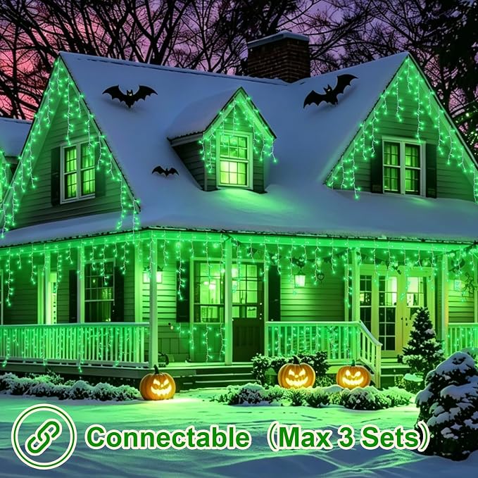 YEGUO 33ft 400 LED Icicle Lights for Outside, 80 Drops Halloween Lights Connectable, 8 Modes Icicle String Light with Memory(Green)