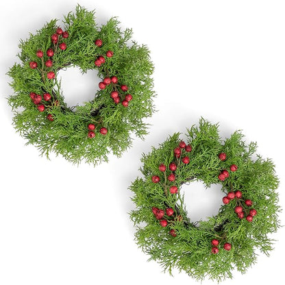 2 Pcs Christmas Candle Rings Wreaths, 10 Inch Candle Wreath with Artificial Red Berries and Cedar, Christmas Candle Holder Indoor Decor for Home Kitchen Cabinets Centerpieces for Tables