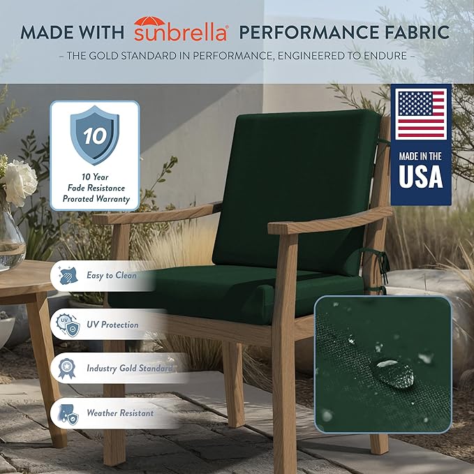 California Umbrella Outdoor Dining Chair, Patio Seat Cushion, 20 x 40 Inch, Premium Outdoor Memory Foam, Fade Resistant Sunbrella Fabric, Fabric Ties,Forest Green