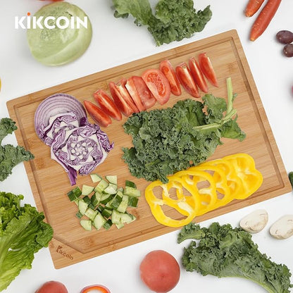 Kikcoin 20”×14” Bamboo Cutting Boards for Kitchen, Wooden Healthy Cutting Boards for Charcuterie, Vegetables, Cheese, Bread, Extra Large Chopping Boards with Deep Juice Groove and Handle, Natural
