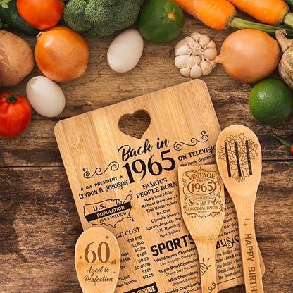 60th Birthday Gifts for Him Her- "Back in 1965" 60th Birthday Gifts for Women Cutting Board, Bamboo-Made Engraved "Year 1965 News" 60th Birthday Gifts