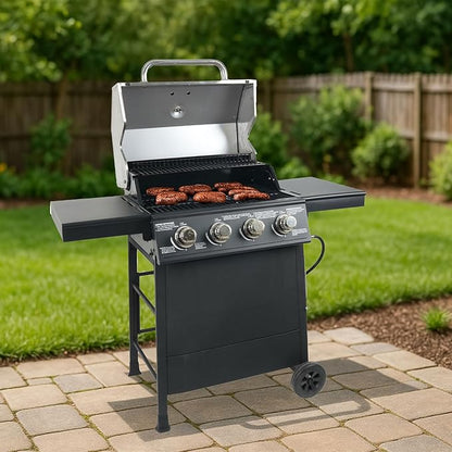 Grill Boss 4-Burner Outdoor Propane Gas Grill with Side Shelves, Stainless Steel Lid, Push Ignition, Warming Rack, Wheels, Black