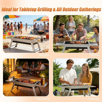 Charcoal Grill, Foldable Portable Camping Charcoal Grill, Stainless Steel BBQ Grill with Ceramic Grate, 2-in-1 Side Tables & Pull-Out Ash Pan Outdoor & Backyard Grill for Patio Cooking Char-gril252